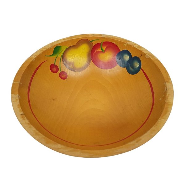 Vintage Wooden Salad Bowl Utensils Cherries Pear Apple Plums Hand Painted Oval - Picture 2 of 11